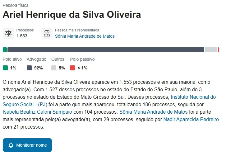 Página pública do Escavador com o histórico de processos do advogado