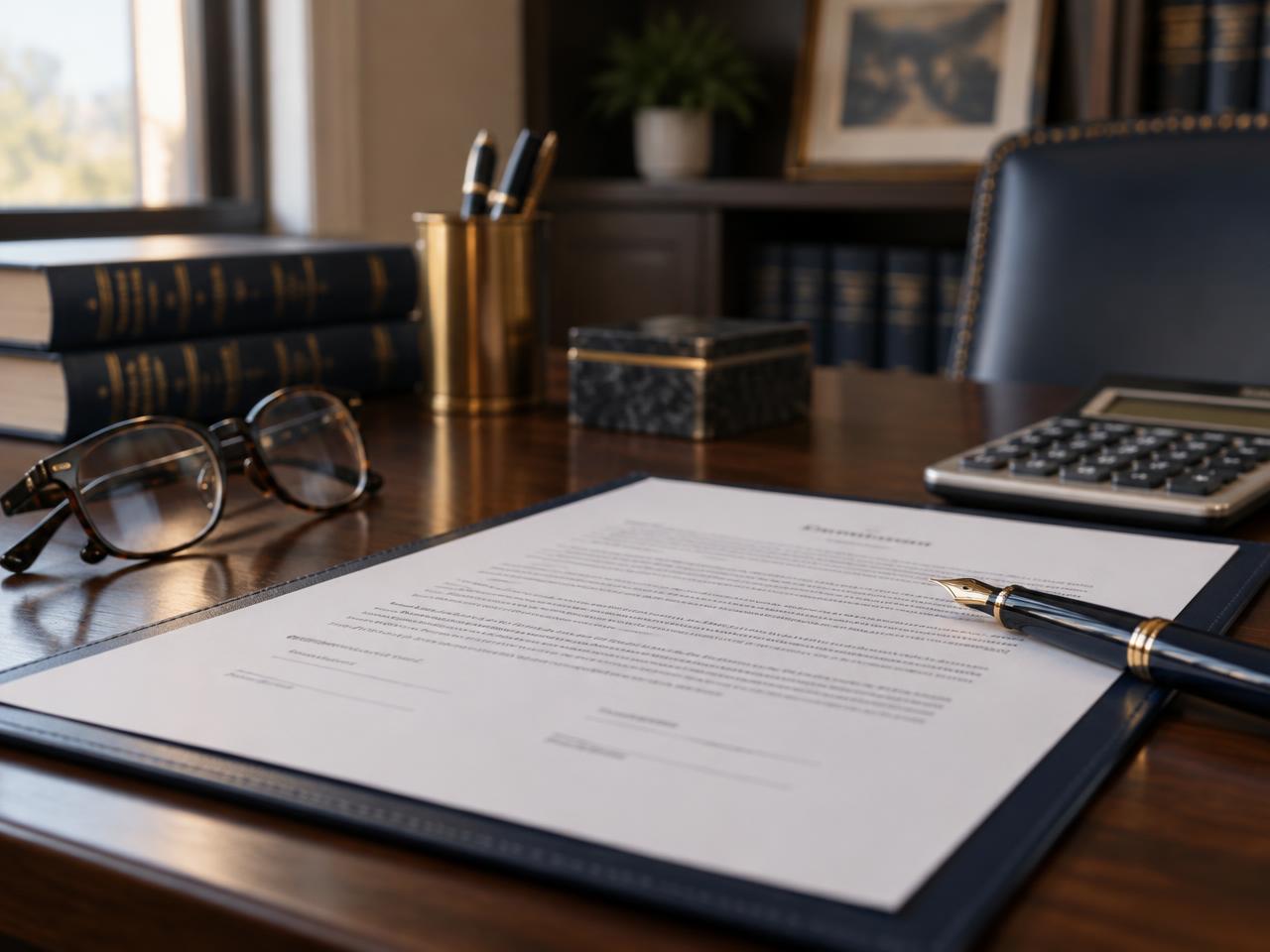 Contrato de empréstimo sobre mesa de escritório, com caneta e calculadora